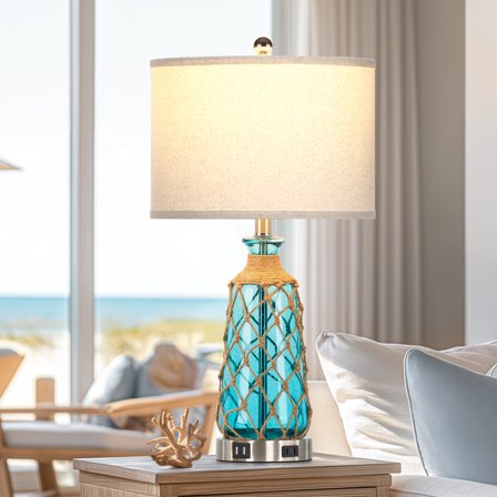 Cinkeda Coastal Table Lamp for Bedroom Living Room 3 Way Dimmable Bedside Lamp with USB Ports AC Outlet Single Touch Nightstand Lamp