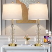 Cinkeda Clear Glass Table Lamp Set of 2 for Living Room Bedroom 27.5 3-Way Dimmable Touch Control Bedside Lamps with USB Ports AC Outlet Morden Clear Glass Nightstand Lamp