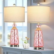Cinkeda Coastal Table Lamp Set of 2 for Living Room Bedroom 25" Pink 3-Way Dimmable Touch Control Bedside Lamps with USB Ports AC Outlet Nautical Clear Glass Rattan Nightstand Lamp