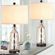Cinkeda Coastal Table Lamps Set of 2 with USB Ports AC Outlet 3 Way Dimmable Touch Control Bedside Lamp 25" Black Nautical Clear Glass Rattan Nightstand Lamp fo