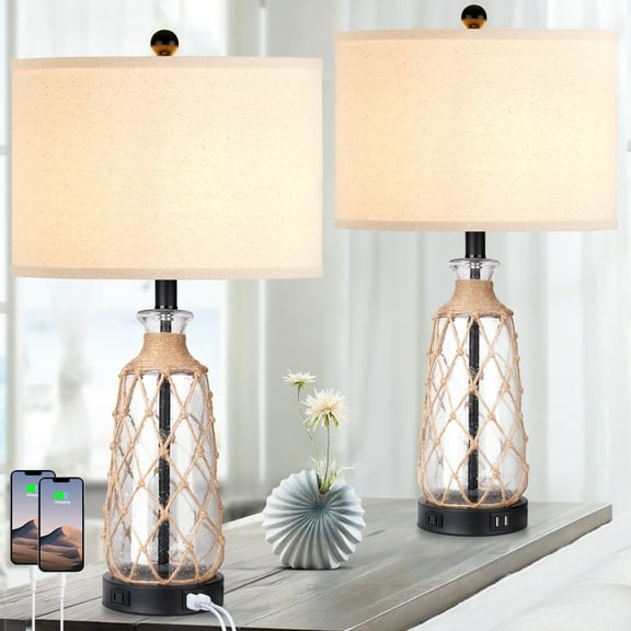 Cinkeda Coastal Table Lamps Set of 2 with USB Ports AC Outlet 3 Way Dimmable Touch Control Bedside Lamp 25" Black Nautical Clear Glass Rattan Nightstand Lamp for Bedroom Living Room