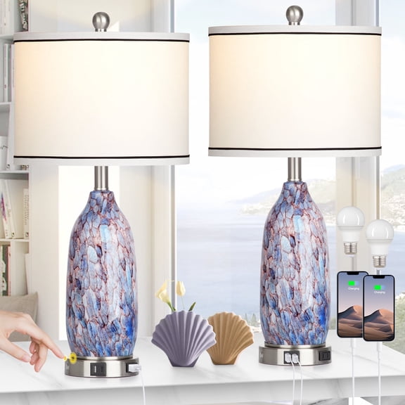 Cinkeda Cosatal Glass Table Lamps Set of 2 for Living Room Bedroom 3 Way Dimmable Touch Control Bedside Nightstand Lamp with USB A+C Ports AC Outlet Nightlight