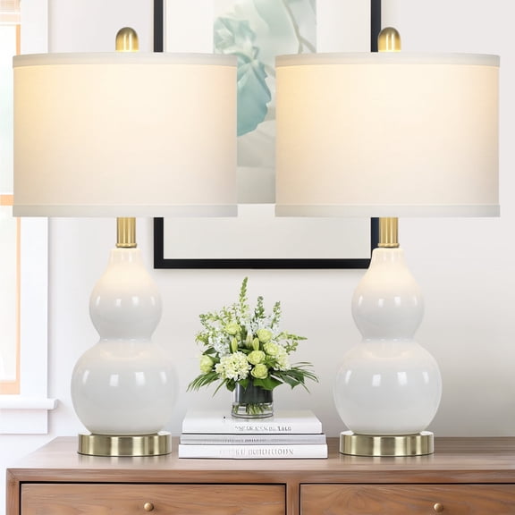 Cinkeda 22" White Ceramic Table Lamps Set of 2, 2-Level Rotary Switch Bedside Nightstand Lamps with Gourd-Shaped Body & Gold Accents for Living Room