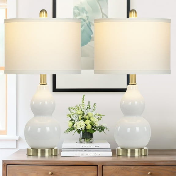 Cinkeda Double Gourd Ceramic Table Lamps Set of 2 for Bedroom Living Room 22" Modern White Gold Nightstand Bedside Lamp with Shade