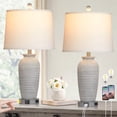 thumbnail image 1 of Cinkeda 25" Touch Control Table Lamp Set of 2, Gray-White Resin Jar Body with White Linen Shade, USB-C & AC Outlet, 3-Level Dimmable, Dimmable LED Bulb Included for Bedroom, 1 of 7