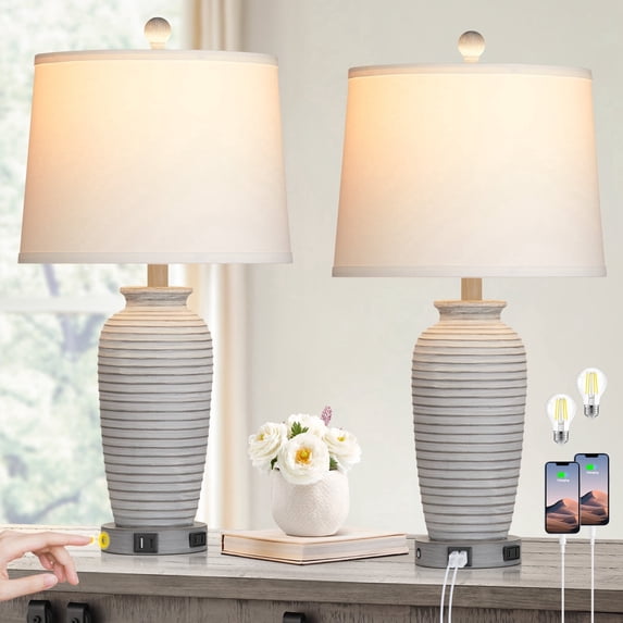 Cinkeda 25" Touch Control Table Lamp Set of 2, Gray-White Resin Jar Body with White Linen Shade, USB-C & AC Outlet, 3-Level Dimmable, Dimmable LED Bulb Included for Bedroom