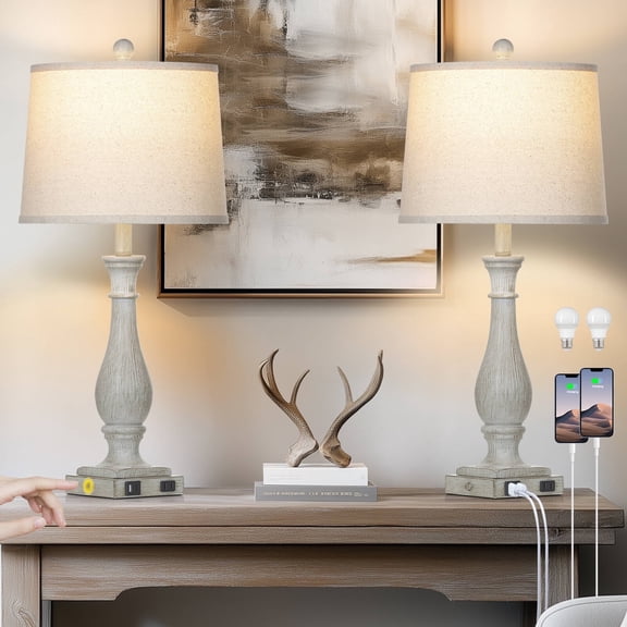 Cinkeda Table Lamp Set of 2 with 2 USB Charging Ports,3 Way Dimmable Rustic  Bedside Nightstand Lamps for Bedroom Living Room