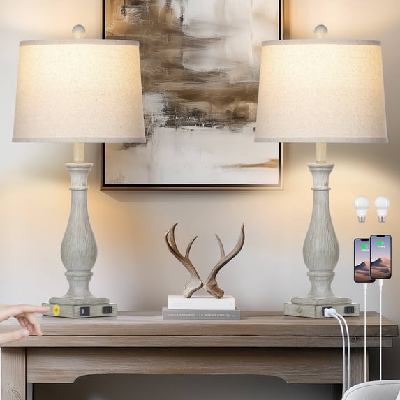 Cinkeda Table Lamp Set of 2 with 2 USB Charging Ports,3 Way Dimmable Rustic Bedside Nightstand Lamps for Bedroom Living Room