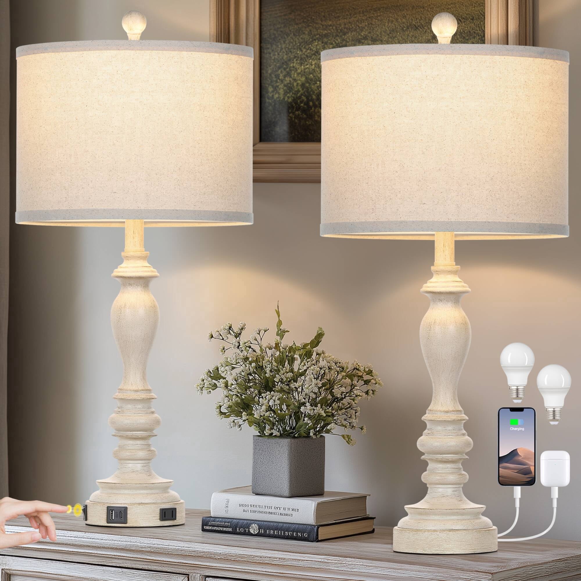Cinkeda Farmhouse Resin Table Lamp Set of 2 with USB A+C Ports AC Outlet for Bedroom Living Room 27.5" Rustic Bedside Nightstand Lamps
