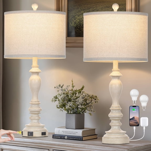 Cinkeda Farmhouse Resin Table Lamp Set of 2 with USB A+C Ports AC Outlet for Bedroom Living Room 27.5" Rustic Bedside Nightstand Lamps