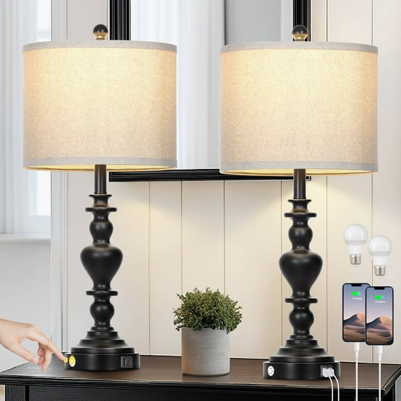 Cinkeda Farmhouse Table Lamp Set of 2 with USB A+C Port AC Outlet for Living Room Bedroom Modern 3 Way Dimmable Touch Bedside Nightstand Lamps