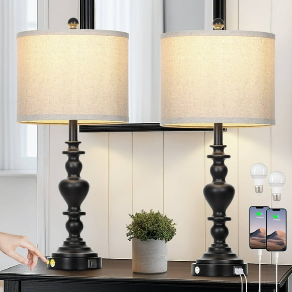 Cinkeda Farmhouse Table Lamp Set of 2 with USB A+C Port AC Outlet for Living Room Bedroom Modern 3 Way Dimmable Touch Bedside Nightstand Lamps