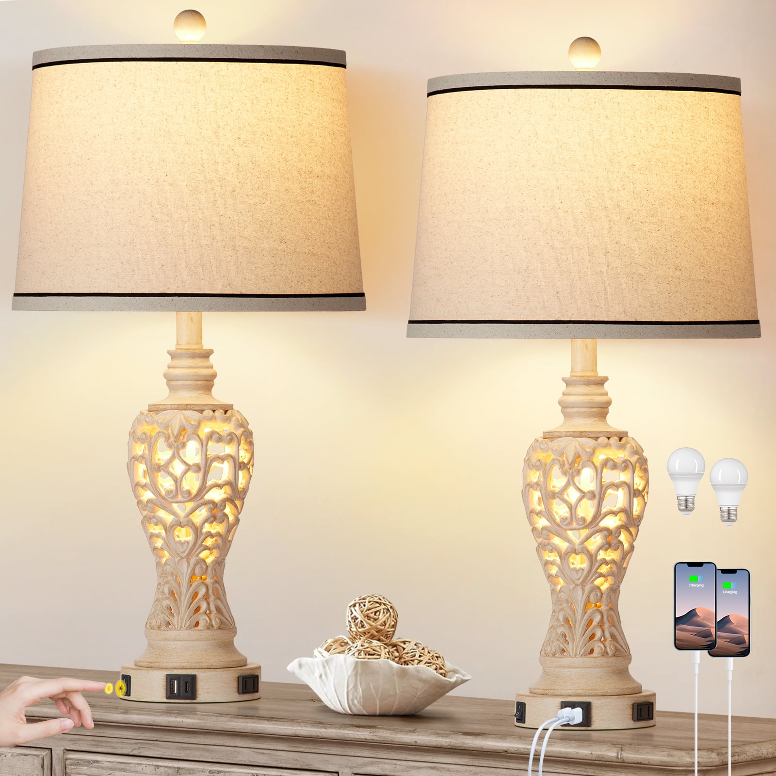 Cinkeda Farmhouse Table Lamp Set of 2 for Bedroom Living Room 28" Vintage White 3 Way Dimmable Touch Control Nightstand Bedside Lamp with USB C+A Ports AC Outlet
