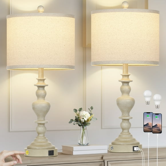 Cinkeda Farmhouse Table Lamp Set of 2 for Bedroom Living Room 28" Vintage White 3 Way Dimmable Touch Control Nightstand Bedside Lamp with USB C+A Ports AC Outlet