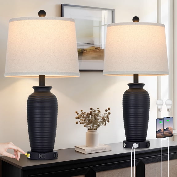 Cinkeda Rustic Table Lamps Set of 2 for Bedroom Living Room Farmhouse 3 Way Dimmable Touch Control Bedside Nightstand Lamp with USB C+A Ports AC Outlet Tall 25" Resin