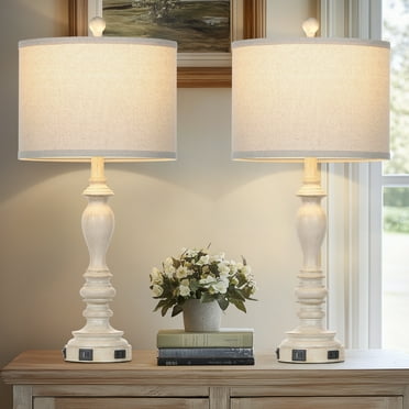 Cinkeda Farmhouse Table Lamps for Living Room Bedroom Set of 2 with USB C+A Ports AC Outlet 27.5" Tall Resin Rustic Nightstand Bedside Lamp