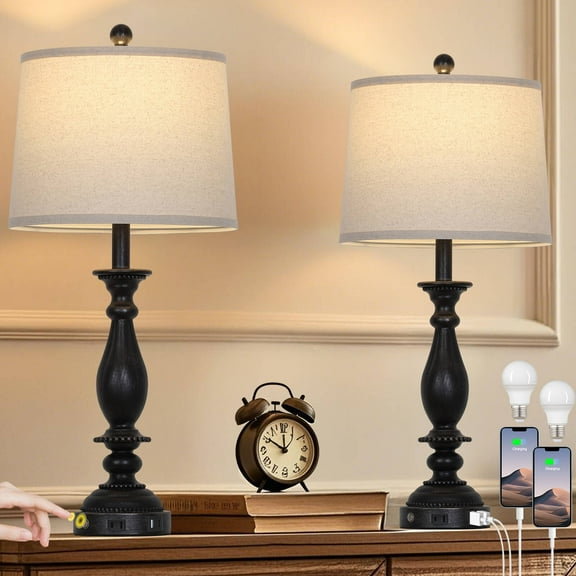 Cinkeda 28" Touch Control Table Lmps with USB Type-C Ports AC Outlet, Vintage Black Resin 3 Way Dimmable Bedside Lamp for Living Room Bedroom