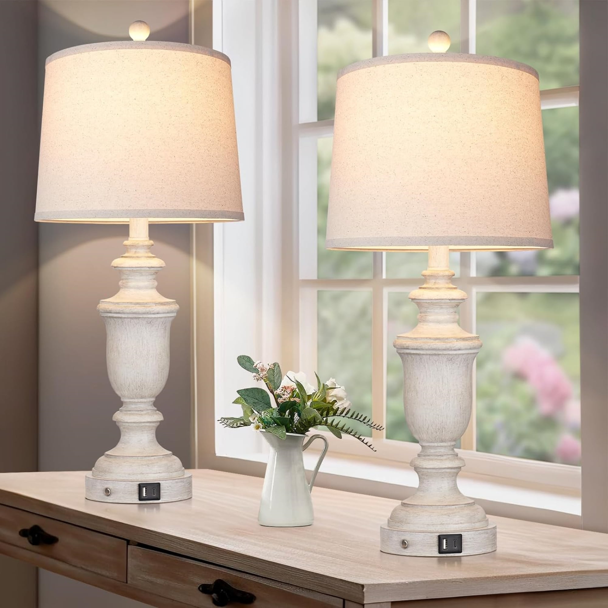 Cream White Resin Farmhouse Touch Table Lamp Set with USB Ports