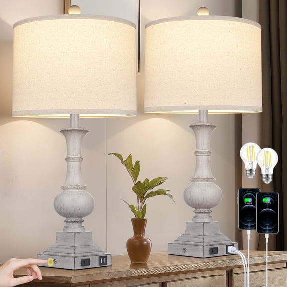 Cinkeda Farmhouse Touch Table Lamps with USB Ports AC Outlet Modern 3 Way Dimmable Resin Bedside Nightstand Lamp Set of 2 for Living Room Bedroom