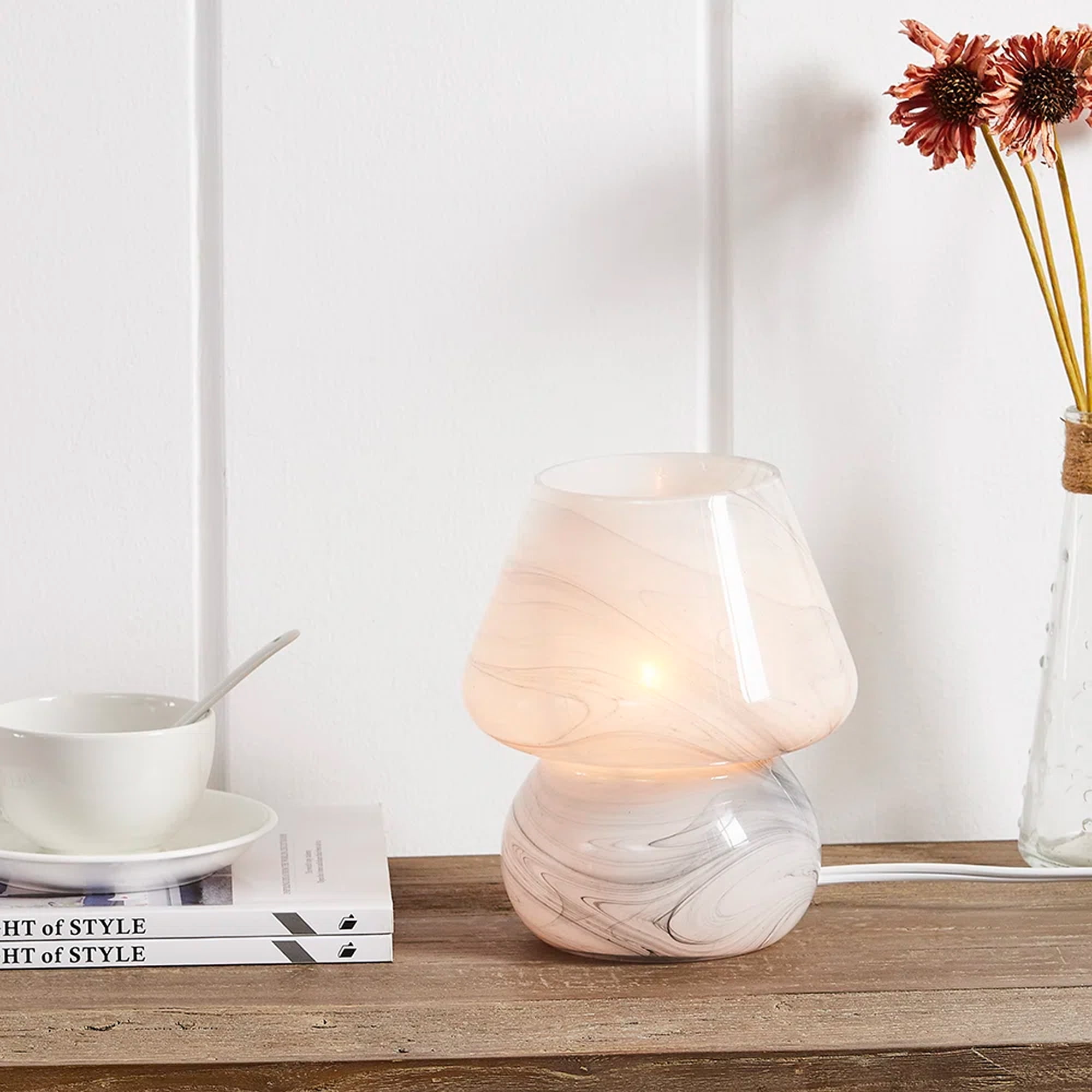 Cinkeda Glass Mushroom Lamp Dimmable Table Lamps for Living Room Bedroom 7.25" Single Striped Nightstand Bedside Lamp