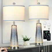 Cinkeda Glass Table Lamp Set of 2 with Nightlight USB A+C Ports AC Outlet Modern Gradient Blue Nightstand Bedside Lamps for Bedroom Living Room