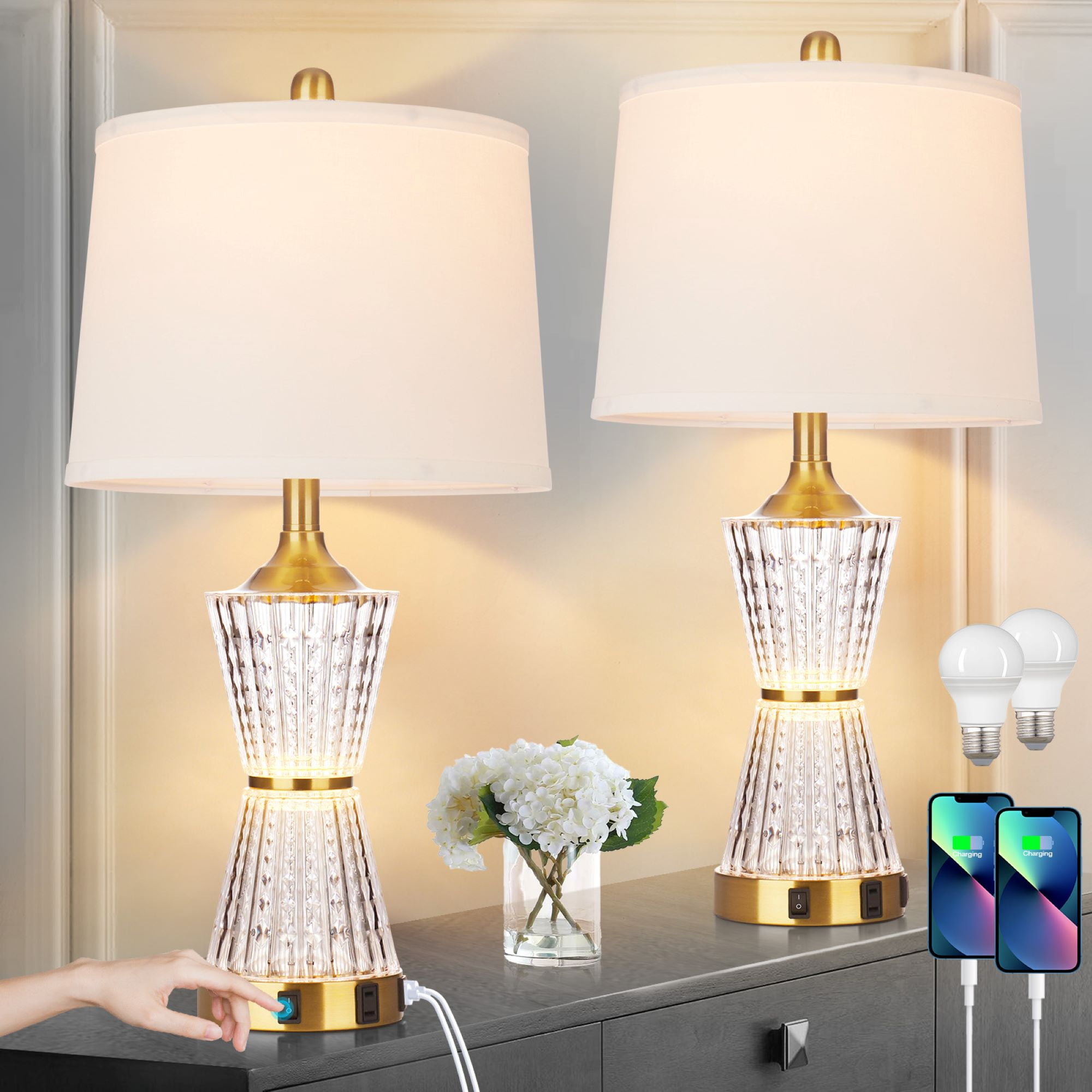 Gold and White Acrylic Table Lamp Set with USB Ports