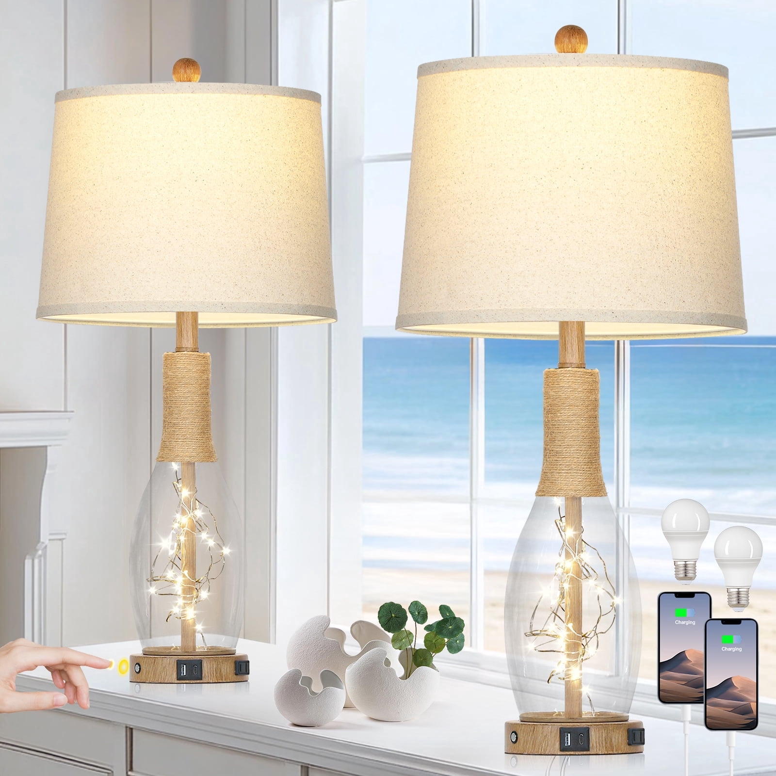 Cinkeda Table Lamps Set of 2 for Living Room Bedroom 27" Tall Boho Modern 3 Way Dimmable Touch Bedside Nightstand Lamp with USB C+A Ports AC Outlet Nightlight Rattan Rope Glass
