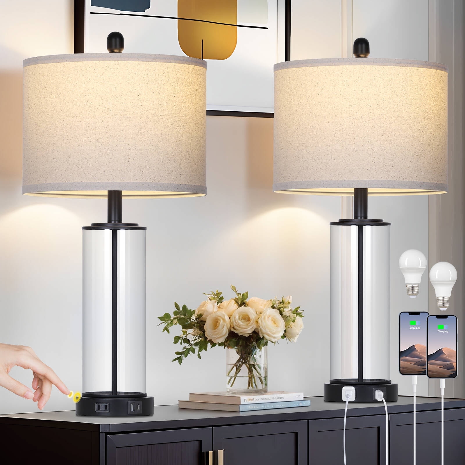 Cinkeda Industrial Black Table Lamps Set of 2 for Living Room Bedroom 26" Tall Modern Clear Glass 3 Way Dimmable Touch Control Bedside Nightstand Lamp with USB C+A Ports AC Outlet