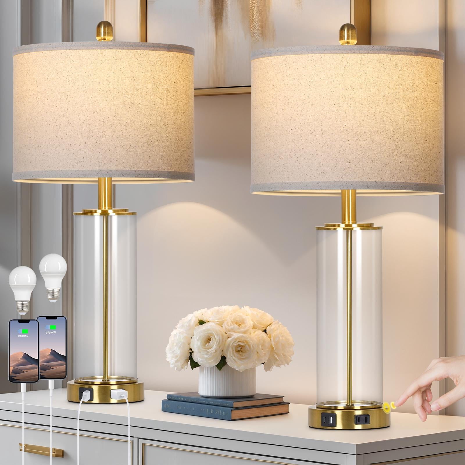 Cinkeda Industrial Gold Table Lamps Set of 2 for Living Room Bedroom 26" Tall Modern Clear Glass 3 Way Dimmable Touch Control Bedside Nightstand Lamp with USB C+A Ports AC Outlet