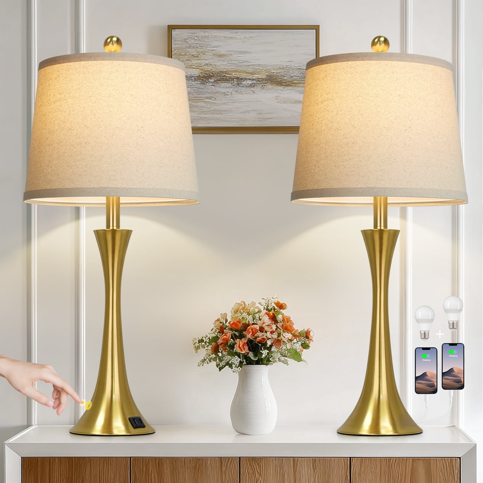 Cinkeda Table Lamp Set of 2, Gold Modern Industrial 3-Way Dimmable Nightstand Bedside Table Lamps for Living Room Bedroom with USB A+C Ports