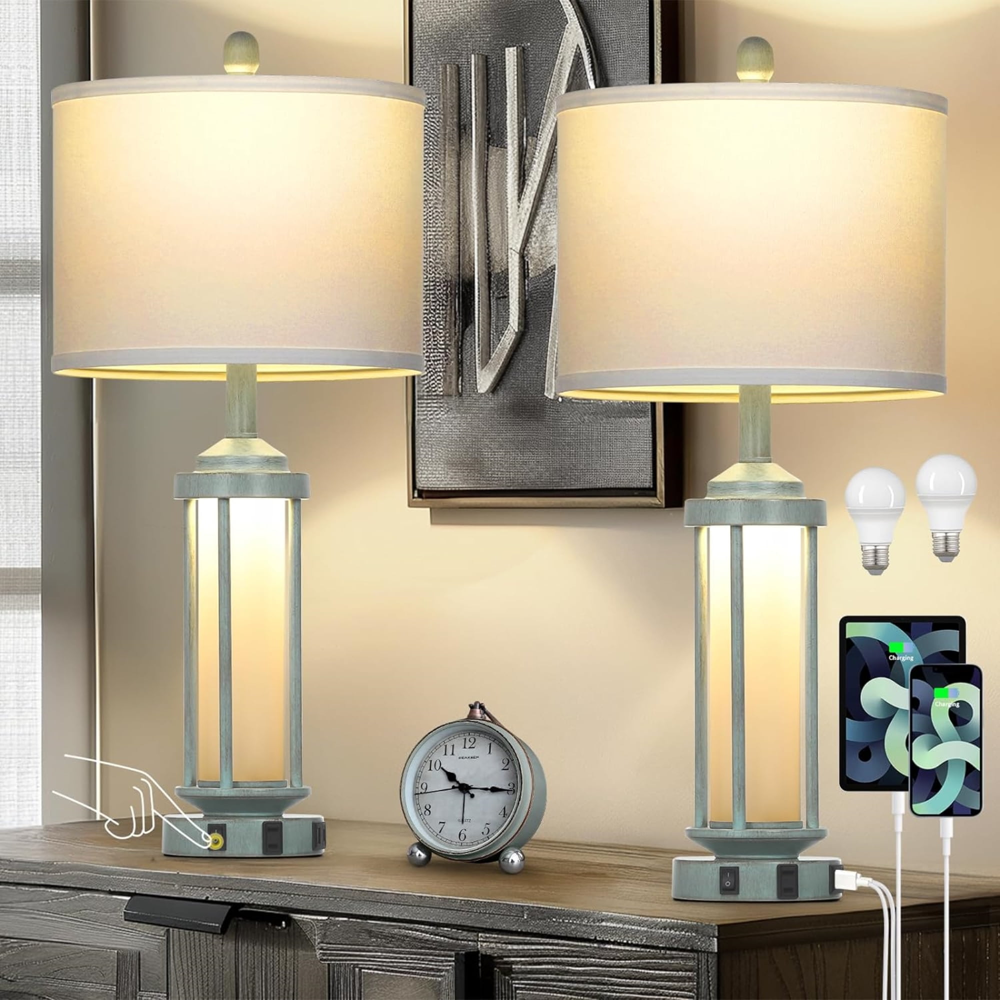 Cinkeda Industrial Table Lamps Set of 2 for Living Room Bedroom Coastal Blue Bedside Nightstand Lamp with USB A+C Ports AC Outlet Glass Nightlight