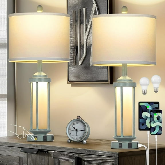 Cinkeda Industrial Table Lamps Set of 2 for Living Room Bedroom Coastal Blue Bedside Nightstand Lamp with USB A+C Ports AC Outlet Glass Nightlight