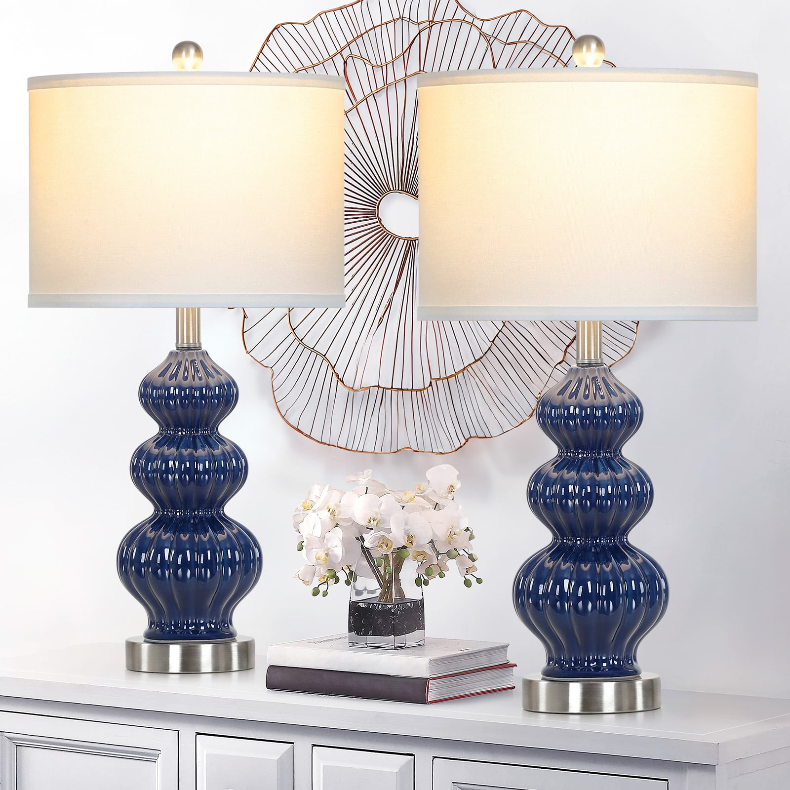 Cinkeda Triple Gourd Ceramic Table Lamps Set of 2 with USB A+C Ports & AC Outlet, Modern Blue, 2-Step Rotary Switch, 25.5" Height