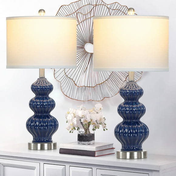 Cinkeda Triple Gourd Ceramic Table Lamps Set of 2 with USB A+C Ports & AC Outlet, Modern Blue, 2-Step Rotary Switch, 25.5" Height