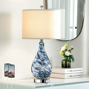 Cinkeda Modern Glass Table Lamp with USB Charging Ports Blue 3 Way Dimmable Touch Bedside Nightstand Lamps for Living Room Bedroom