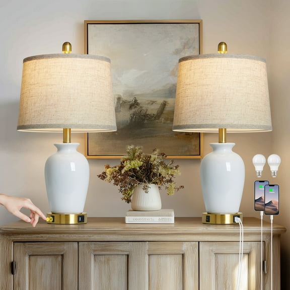 Cinkeda Set of 2 White Ceramic Table Lamps with USB-C & USB-A Ports, 23.5" Ginger Jar Bedside Lamps for Living Room, Bedroom