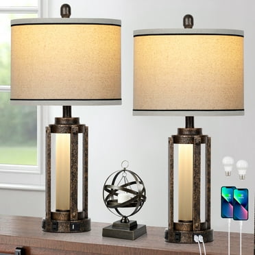 Cinkeda Modern Gold Table Lamp Set of 2 for Living Room Bedroom 25" Bedside Nightstand Lamps with USB A+C Port AC Outlet Nightlight
