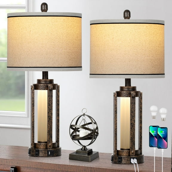 Cinkeda Modern Gold Table Lamp Set of 2 for Living Room Bedroom 25" Bedside Nightstand Lamps with USB A+C Port AC Outlet Nightlight