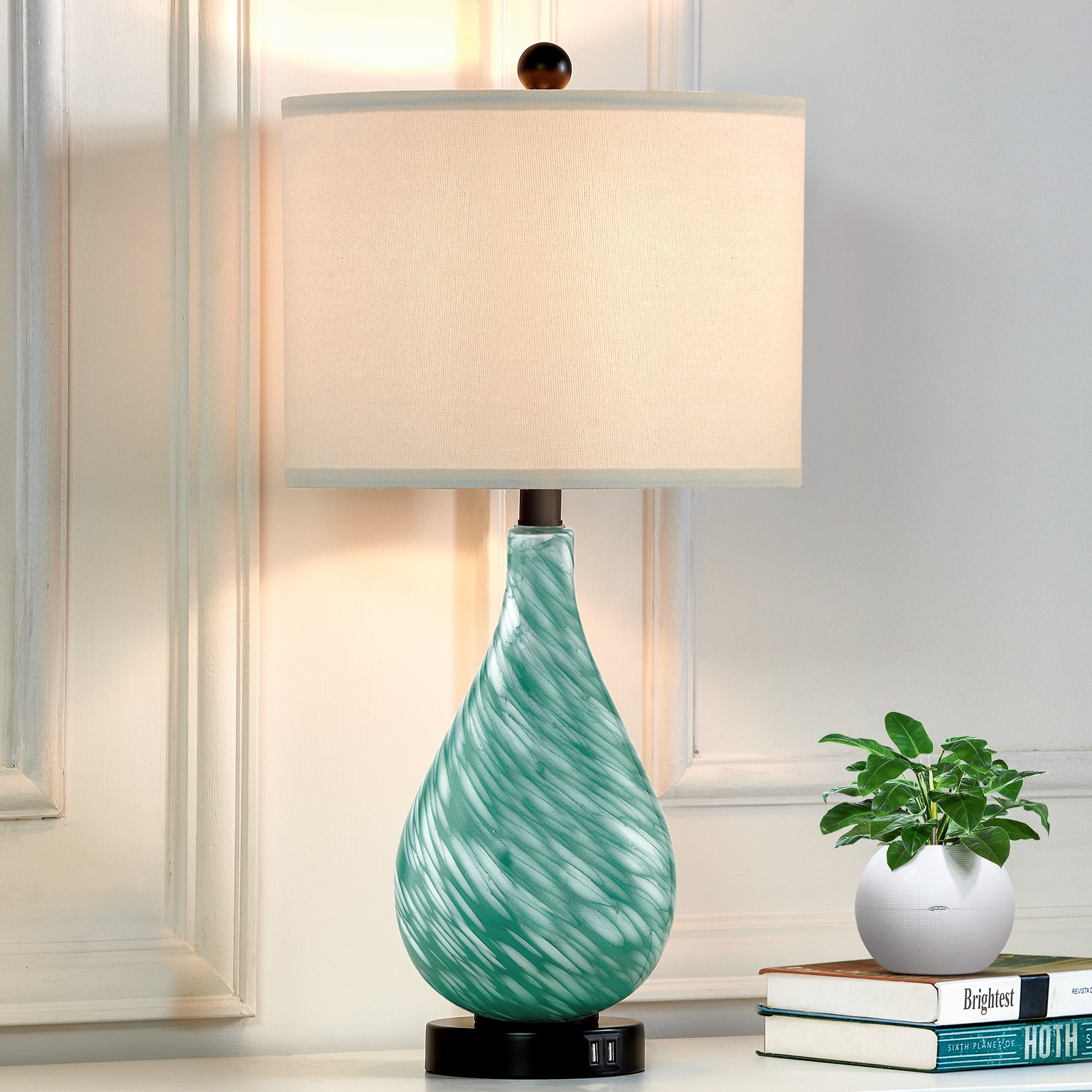 Cinkeda Modern Green Glass Table Lamps with USB Ports Dimmable Touch Control Bedside Lamp for ...