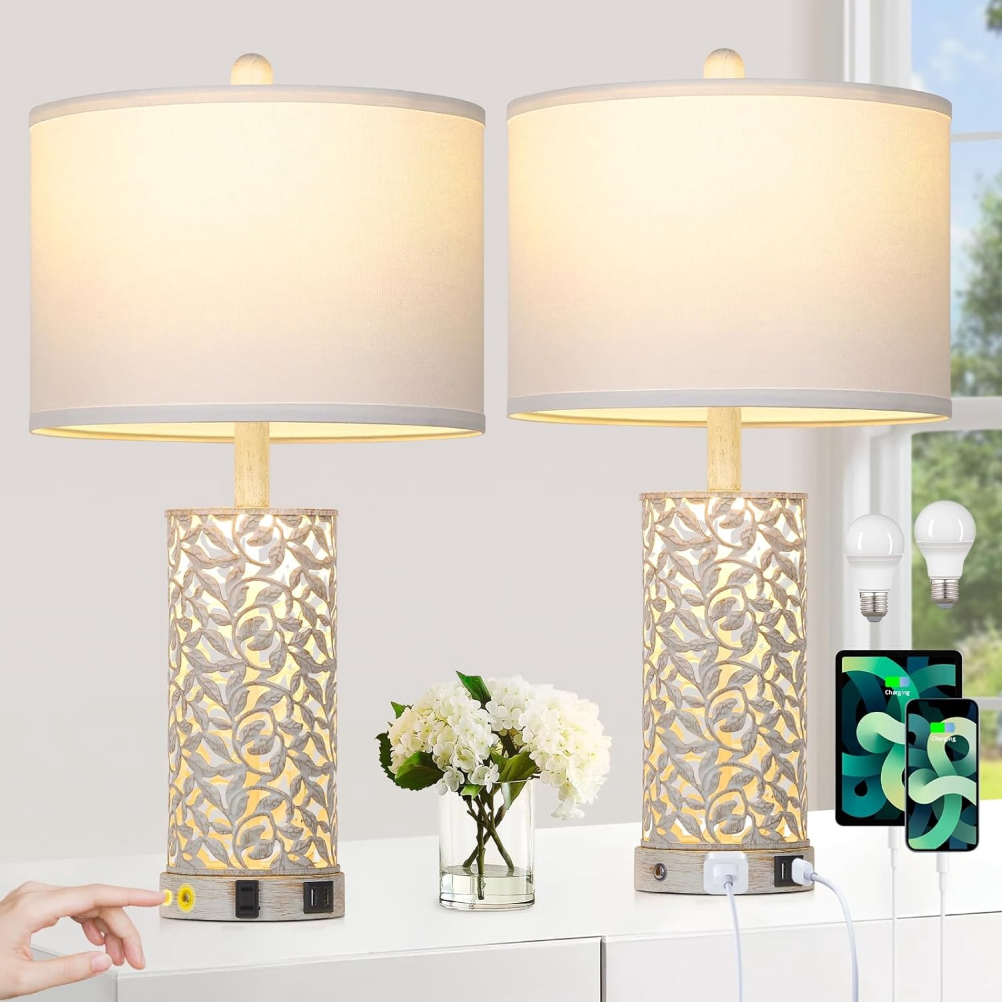 Cinkeda Table Lamp Set of 2 for Living Room Bedroom with USB Ports AC ...