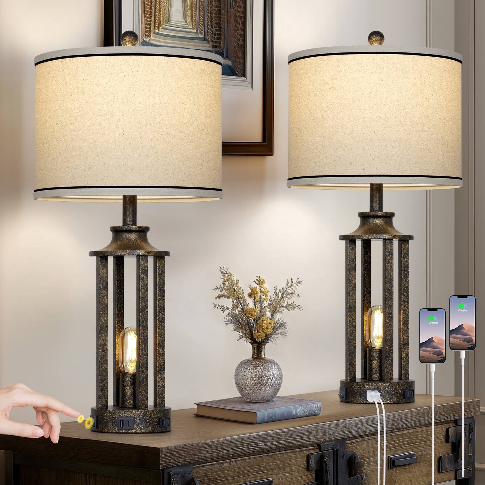 Cinkeda Modern Table Lamp Set of 2 with USB Ports 3 Way Dimmable Nightlight Industrial Gold Bedside Lamps for Bedroom Living Room