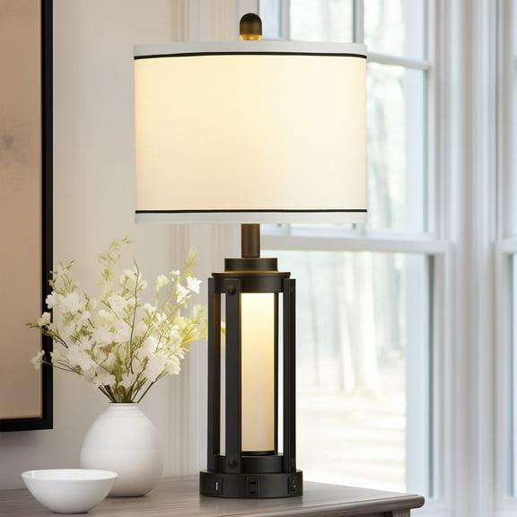 Cinkeda Modern Table Lamp for Bedroom Living Room Single Industrial Black Bedside Nightstand Lamp with USB C+A Ports AC Outlet Nightlight 25" Tall