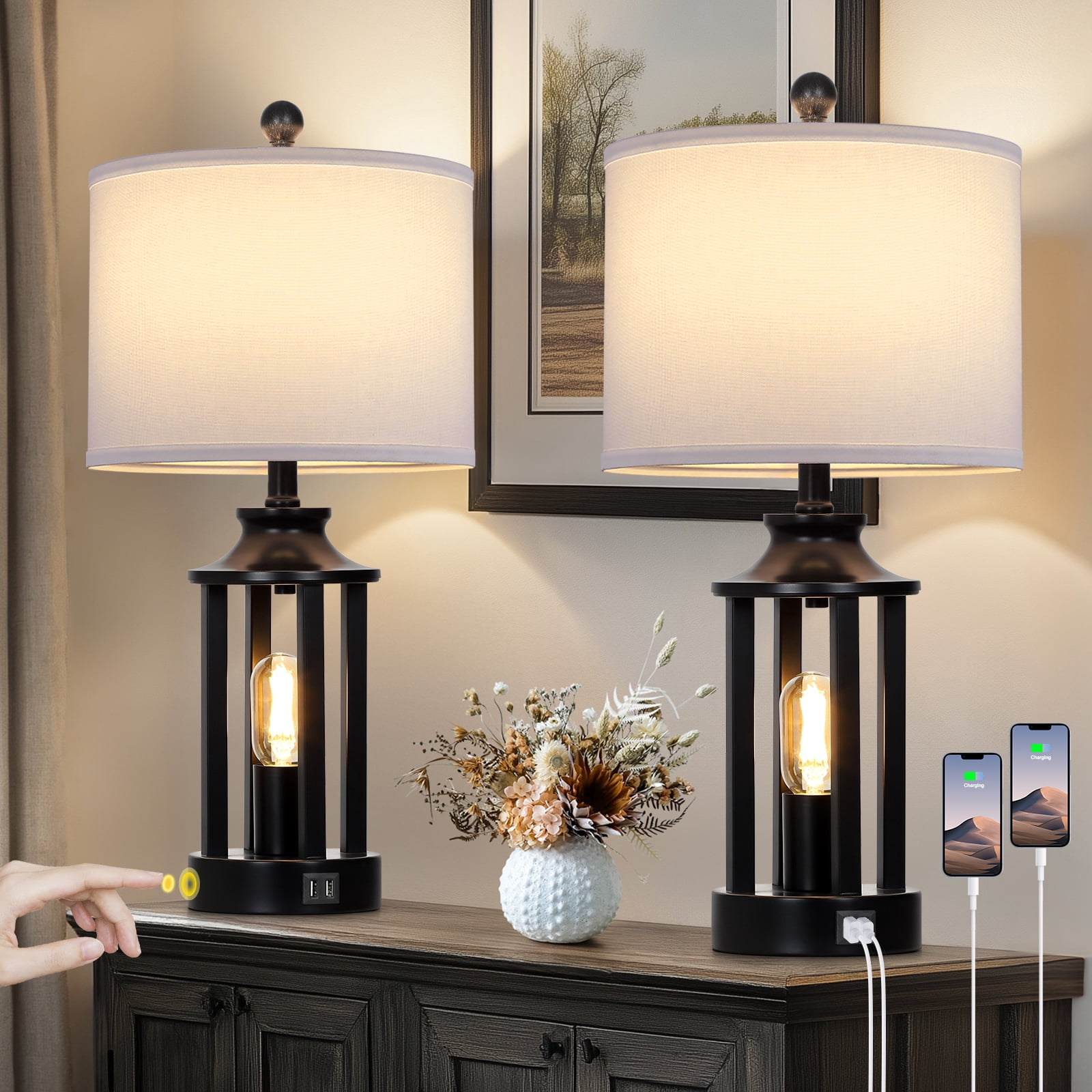 Cinkeda Modern Table Lamp Set of 2 with USB Ports 3 Way Dimmable Nightlight Industrial Black Bedside Lamps for Bedroom Living Room