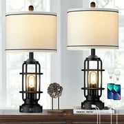 Cinkeda Modern Table Lamps with USB A+C Ports AC Outlet 3 Way Dimmable Touch Control Nightlight Black Industrial Bedside Lamp Set of 2 for Living Room Bedroom