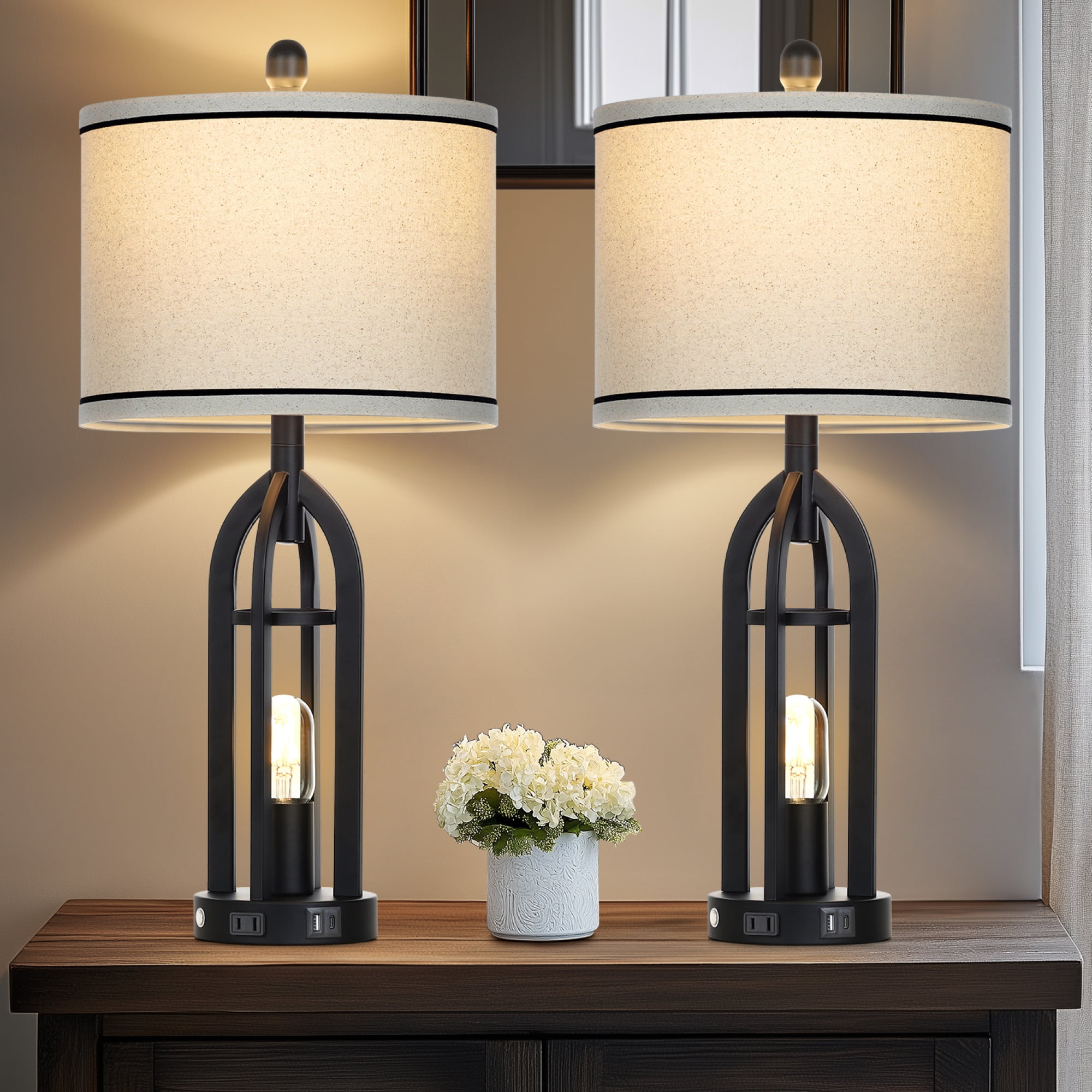 Industrial Black Metal Table Lamp Set with Beige Linen Shade