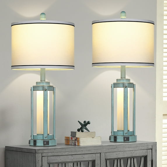 Cinkeda Nautical Blue Table Lamp Set of 2 with USB A+C Ports AC Outlet Glass Nightlight Industrial Bedside Nightstand Lamps for Bedroom Living Room