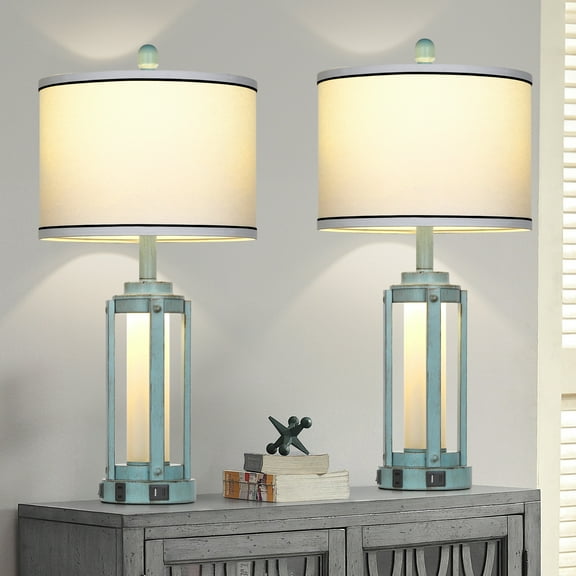 Cinkeda Nautical Blue Table Lamp Set of 2 with USB A+C Ports AC Outlet Glass Nightlight Industrial Bedside Nightstand Lamps for Bedroom Living Room