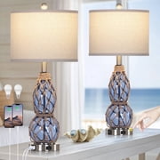 Cinkeda Coastal Glass Table Lamps Set of 2 with USB C+A Ports AC Outlet 3 Way Dimmable Touch Control Nightlight 26 Nautical Bedside Lamp for Living Room Bedroom