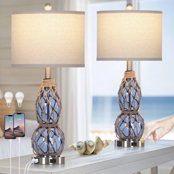 Cinkeda Coastal Glass Table Lamps Set of 2 with USB C+A Ports AC Outlet 3 Way Dimmable Touch Control Nightlight 26" Nautical Bedside Lamp for Living Room Bedroom