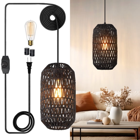 Cinkeda Plug in Black Pendant Light Dimmable Rattan Hanging Lamp for Kitchen Island Living Room Bedroom,LED Bulb Included